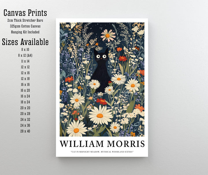William Morris Cat in Midnight Meadow Poster Cottagecore Decor Dark Academia Art Vintage Botanical Illustration Rustic Nature Wall Art