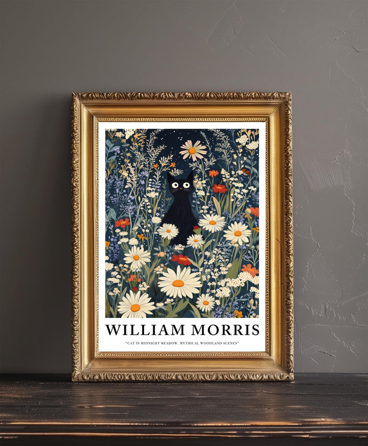 William Morris Cat in Midnight Meadow Poster Cottagecore Decor Dark Academia Art Vintage Botanical Illustration Rustic Nature Wall Art