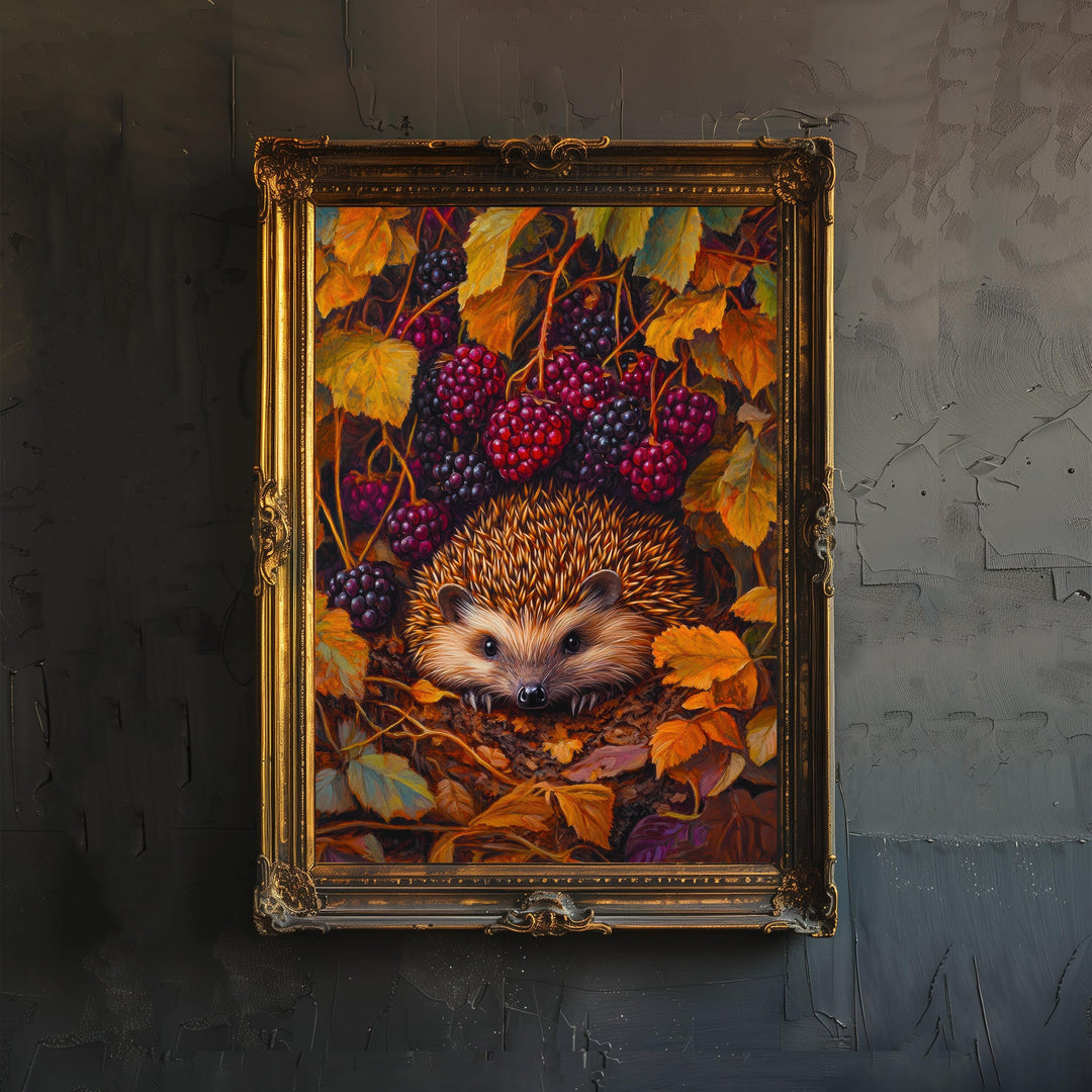 Hedgehog Beneath Blackberry Bush Print Cottagecore Wildlife Art Rustic Garden Decor Woodland Animal Illustration