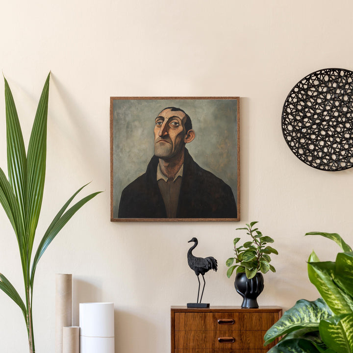 Man With Thoughtful Expression Art Print Modern Naive Portrait Wall Art Heritage Collection Painting Contemporary Figurative Decor