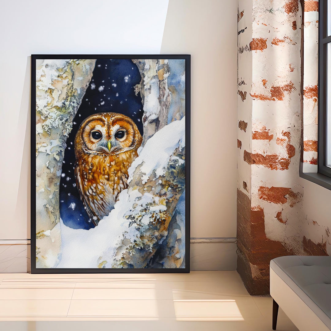 Snowy Owl in Tree Hollow Print Cozy Winter Wildlife Art Cottagecore Decor Watercolor Nature Painting