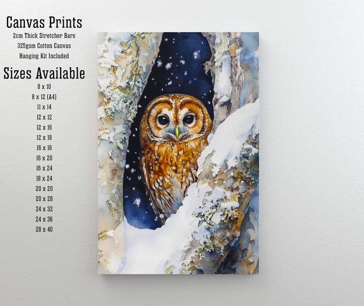 Snowy Owl in Tree Hollow Print Cozy Winter Wildlife Art Cottagecore Decor Watercolor Nature Painting