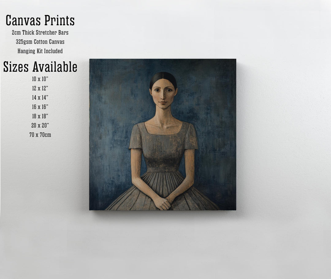 Seated Woman In Blue Dress Art Print Modern Naive Portrait Wall Art Heritage Collection Painting Contemporary Figurative Decor