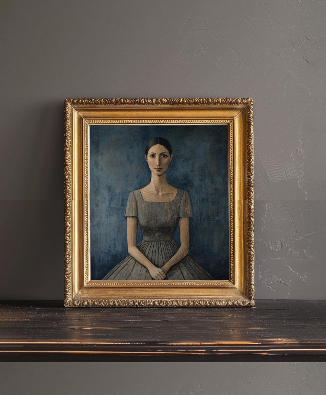 Seated Woman In Blue Dress Art Print Modern Naive Portrait Wall Art Heritage Collection Painting Contemporary Figurative Decor