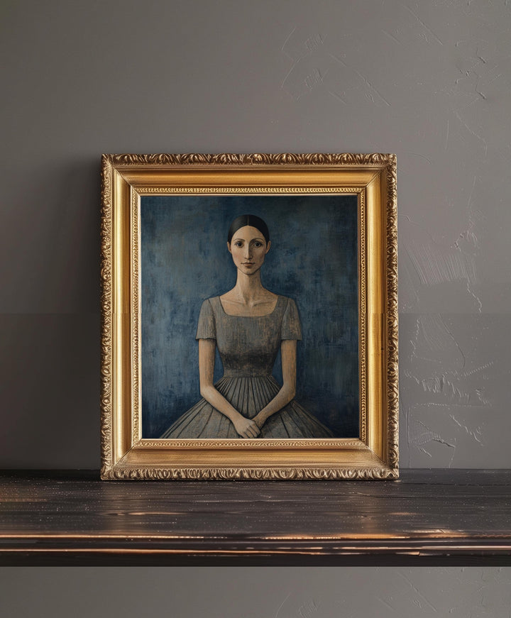 Seated Woman In Blue Dress Art Print Modern Naive Portrait Wall Art Heritage Collection Painting Contemporary Figurative Decor