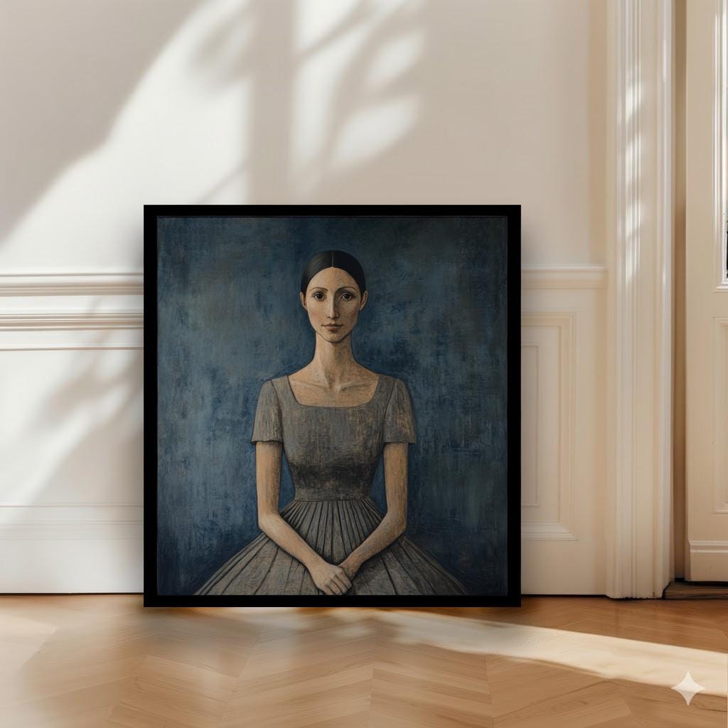 Seated Woman In Blue Dress Art Print Modern Naive Portrait Wall Art Heritage Collection Painting Contemporary Figurative Decor