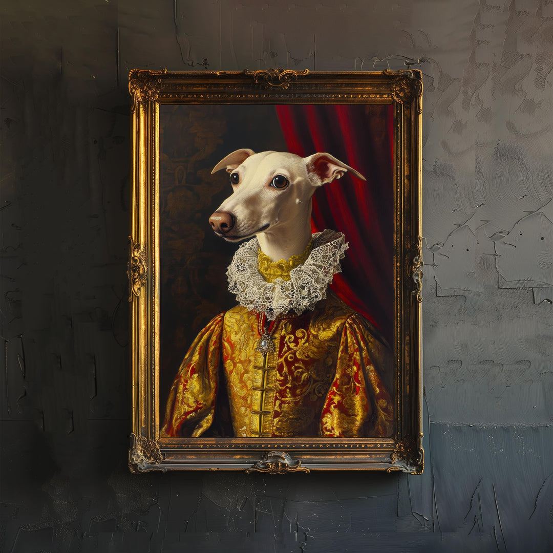 Renaissance Animal Whippet Portrait Victorian Art Dog in Suit Dark Academia Vintage Wall Art Rustic Decor Classical Painting Regal Pet Art