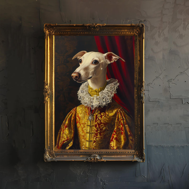 Renaissance Animal Whippet Portrait Victorian Art Dog in Suit Dark Academia Vintage Wall Art Rustic Decor Classical Painting Regal Pet Art