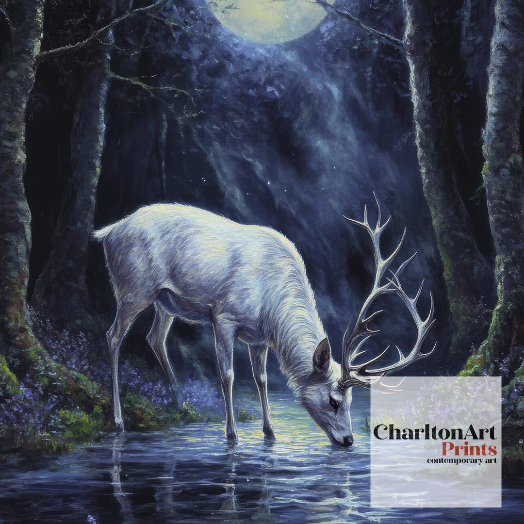 White Stag with Silver Antlers Poster Cottagecore Decor Dark Academia Art Enchanted Woodland Illustration Vintage Nature Wall Art