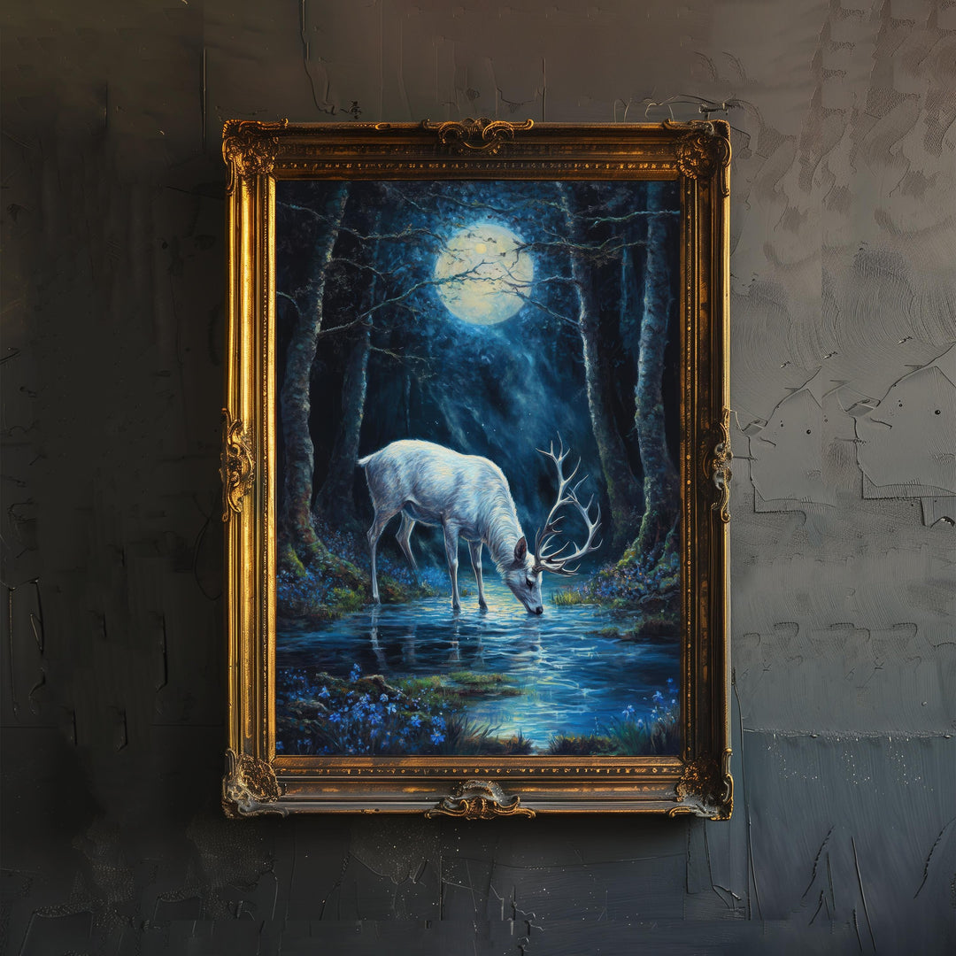 White Stag with Silver Antlers Poster Cottagecore Decor Dark Academia Art Enchanted Woodland Illustration Vintage Nature Wall Art