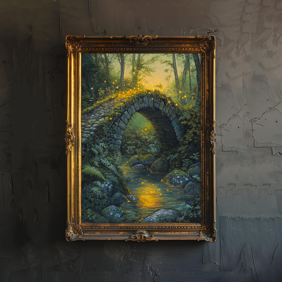 Fairycore Moss Stone Bridge Poster Cottagecore Decor Dark Academia Art Enchanted Woodland Illustration Vintage Nature Wall Art Poster Print