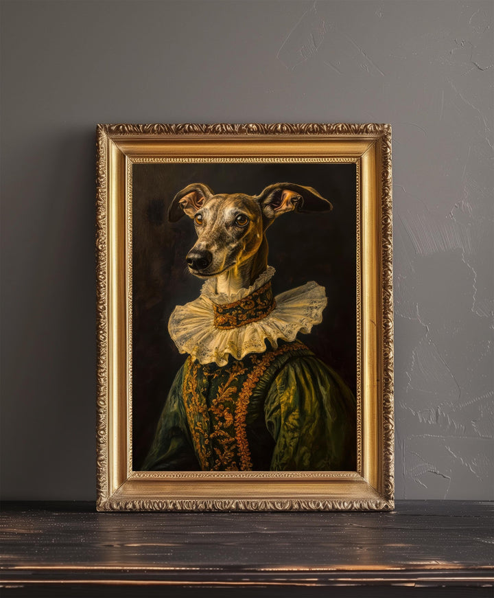 Renaissance Greyhound Portrait Victorian Art Dog in Suit Dark Academia Vintage Wall Art Rustic Decor Classical Painting Regal Pet Art