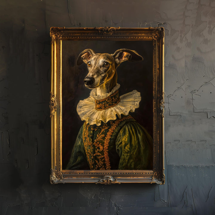 Renaissance Greyhound Portrait Victorian Art Dog in Suit Dark Academia Vintage Wall Art Rustic Decor Classical Painting Regal Pet Art