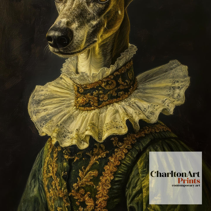 Renaissance Greyhound Portrait Victorian Art Dog in Suit Dark Academia Vintage Wall Art Rustic Decor Classical Painting Regal Pet Art