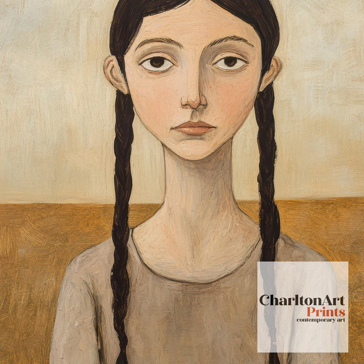 Girl With Braided Hair Art Print Modern Naive Portrait Wall Art Rustic Figurative Painting Heritage Collection Country Home Decor