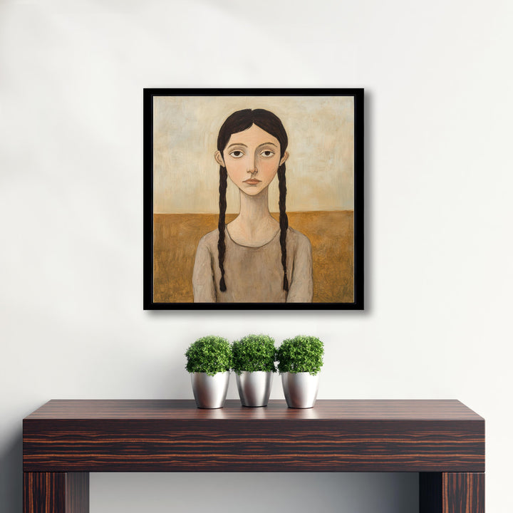 Girl With Braided Hair Art Print Modern Naive Portrait Wall Art Rustic Figurative Painting Heritage Collection Country Home Decor