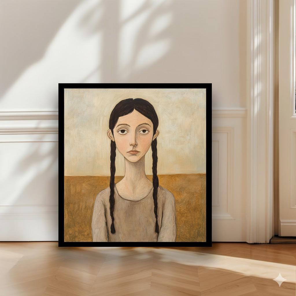 Girl With Braided Hair Art Print Modern Naive Portrait Wall Art Rustic Figurative Painting Heritage Collection Country Home Decor