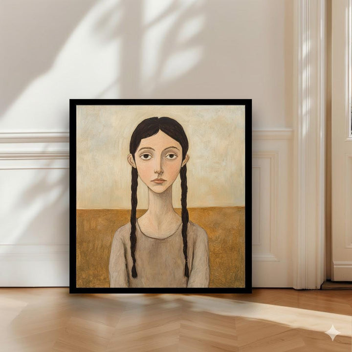Girl With Braided Hair Art Print Modern Naive Portrait Wall Art Rustic Figurative Painting Heritage Collection Country Home Decor