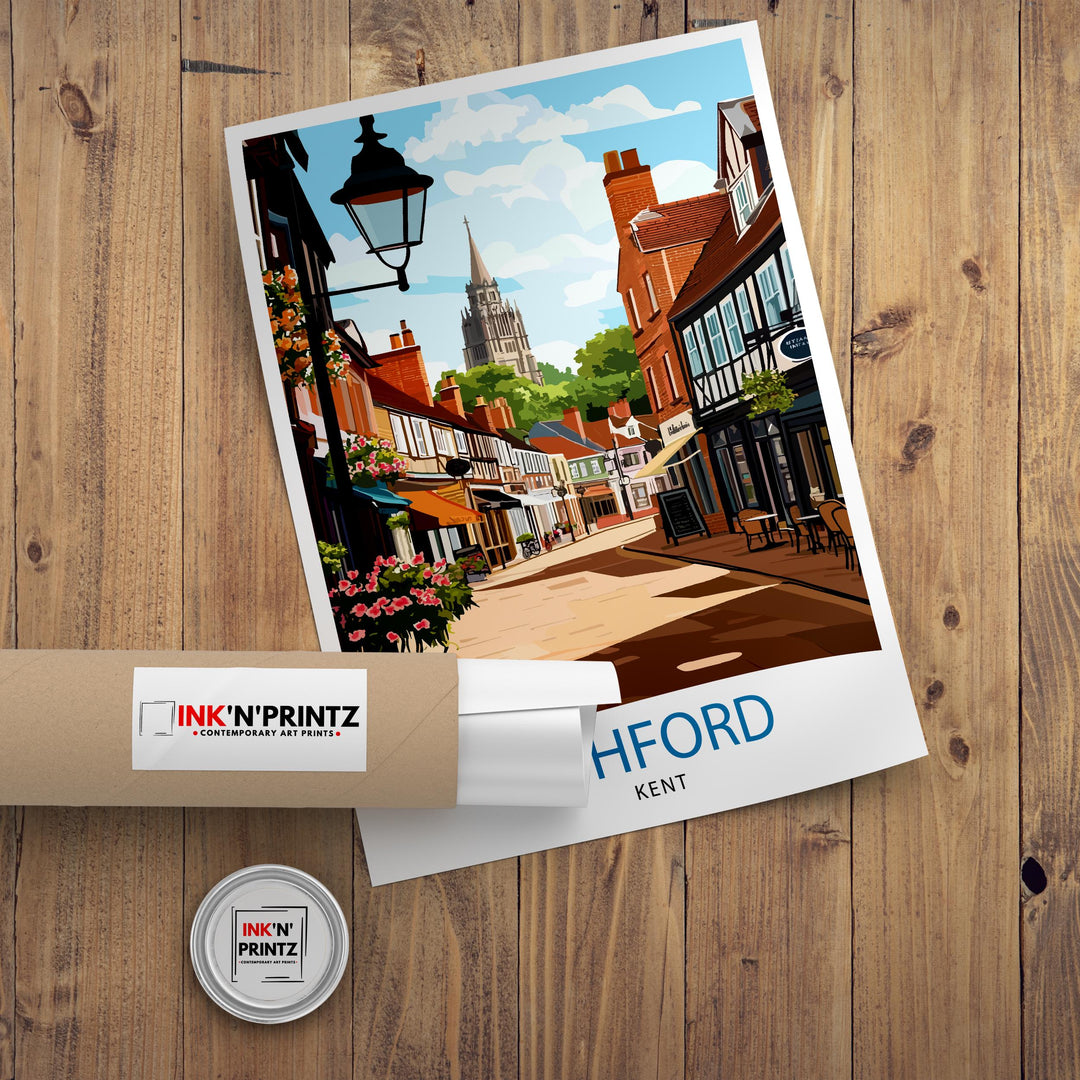 Ashford Kent Travel Poster Print England Wall Art Countryside Landscape Gift for UK Travel Lovers and Fans of Scenic British Garden