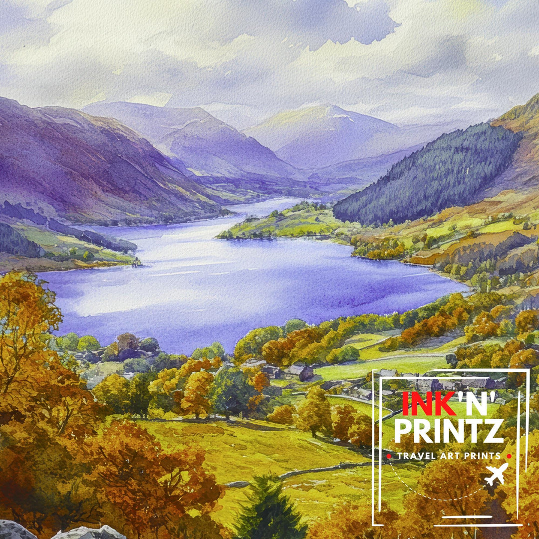Grasmere Watercolour Painting Poster Lake District England Wall Art Countryside Landscape Print Gift for UK Nature Lovers