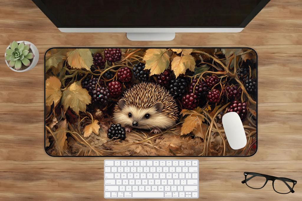 Cottagecore Hedgehog Under Bramble Bush Desk Mat Extended Mouse Pad Non Slip Stitched Edges Nature Desk Setup Gift UK