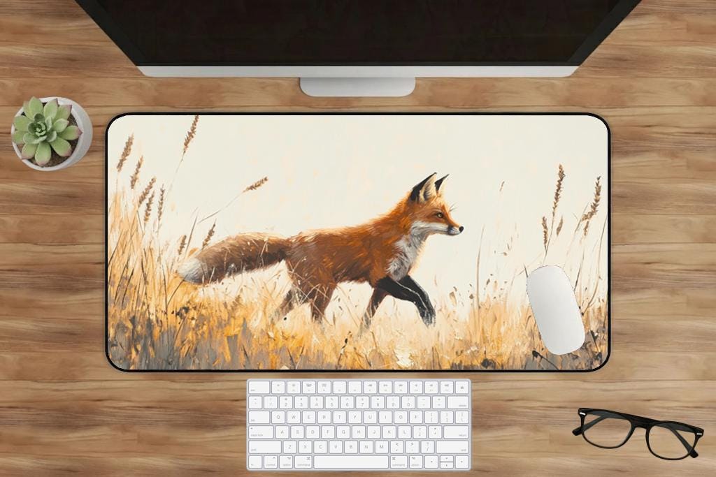 Cottagecore Fox In A Cornfield Desk Mat Extended Mouse Pad Non Slip Stitched Edges Nature Desk Setup Gift