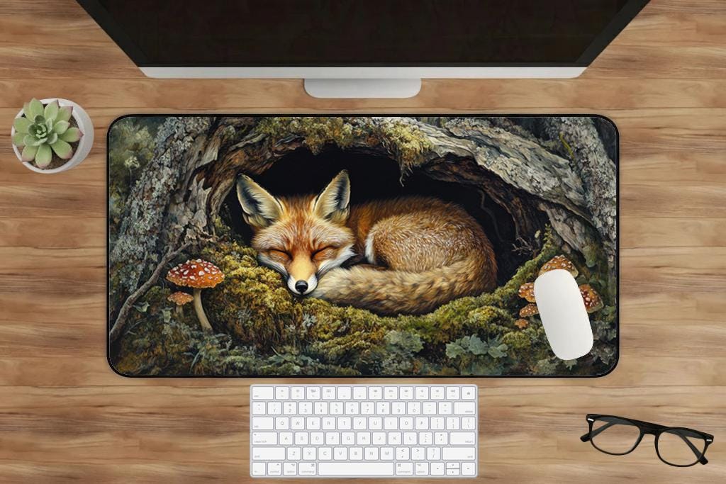 Cottagecore Fox Curled Inside A Moss Rimmed Hollow Desk Mat Extended Mouse Pad Non Slip Stitched Edges Nature Desk Setup Gift