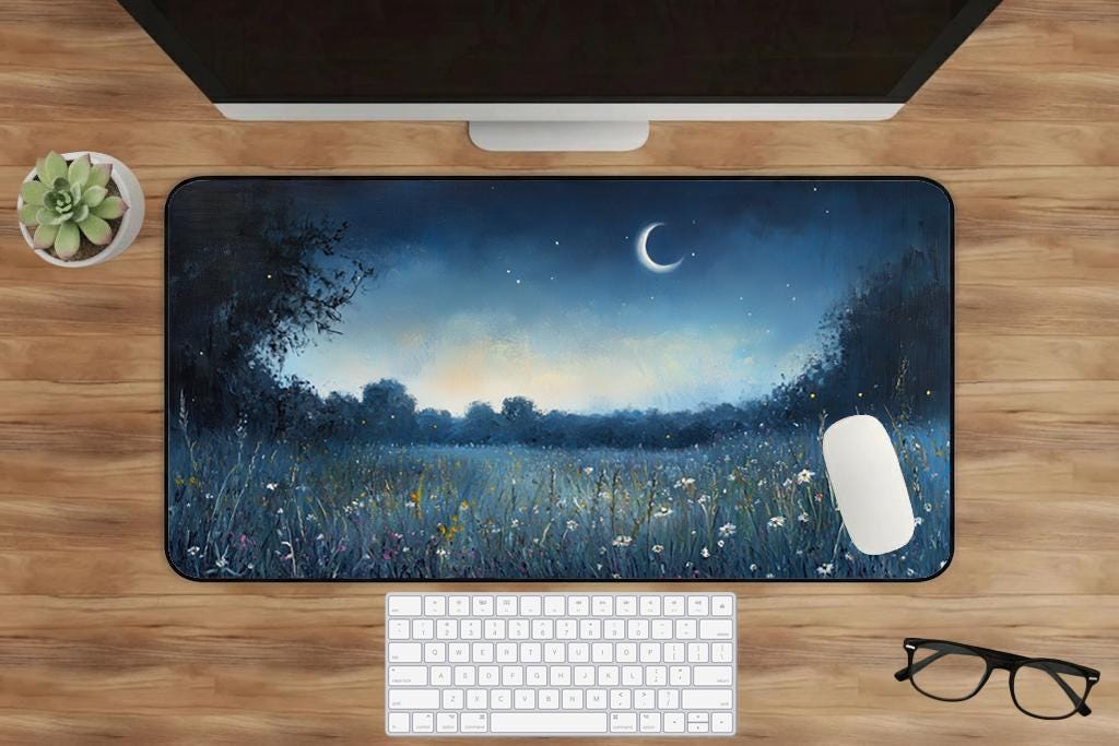 Cottagecore Wildflower Meadow Under Crescent Moon Desk Mat Extended Mouse Pad Non Slip Stitched Edges Nature Desk Setup Gift