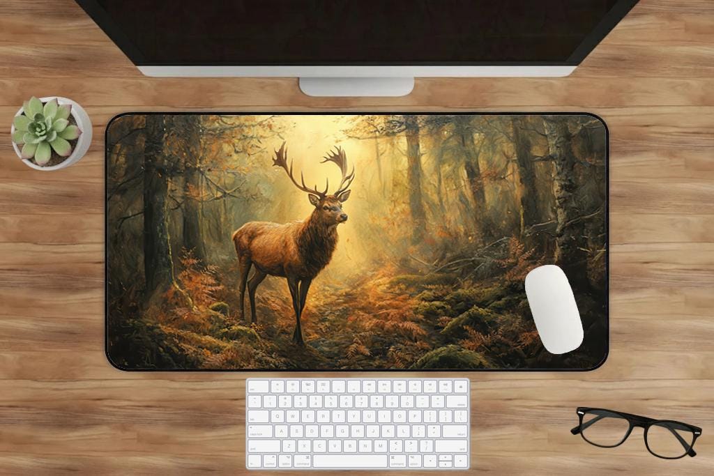Cottagecore Red Stag Standing In Copper Leaf Woodland Desk Mat Extended Mouse Pad Non Slip Stitched Edges Nature Desk Setup Gift