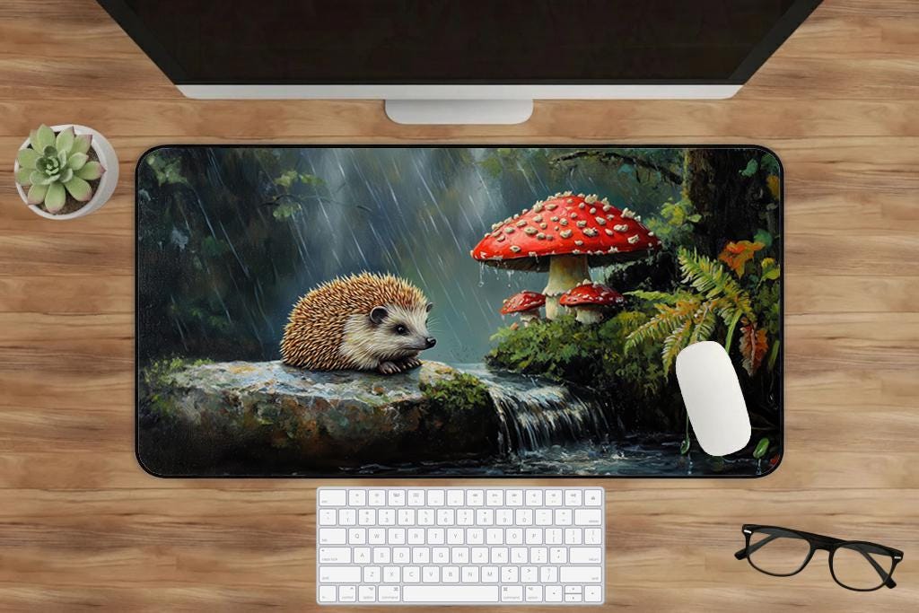 Cottagecore Hedgehog Under Toadstool Desk Mat Extended Mouse Pad Non Slip Stitched Edges Nature Desk Setup Gift