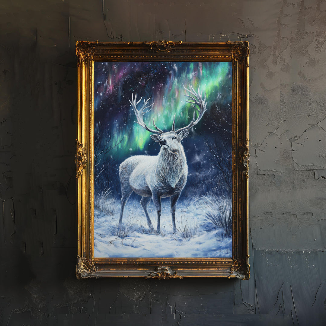 White Stag with Shimmering Antlers Poster Cottagecore Decor Dark Academia Art Enchanted Wildlife Illustration Vintage Nature Wall Art Poster