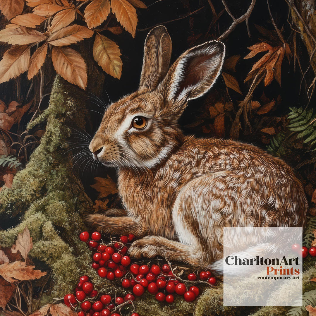 Brown Hare Amongst Berries Poster Cottagecore Decor Dark Academia Art Vintage Wildlife Illustration Rustic Nature Wall Art Poster Print