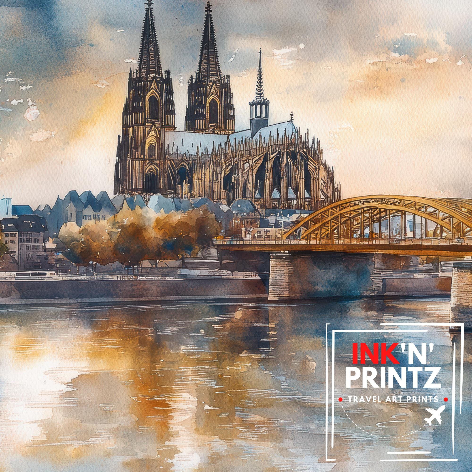 Cologne Watercolour Landscape Painting Poster Germany Wall Art City River Scene Print Gift for Europe Lovers and Fans of Scenic German