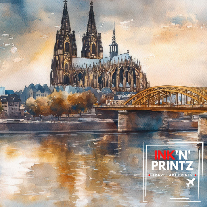 Cologne Watercolour Landscape Painting Poster Germany Wall Art City River Scene Print Gift for Europe Lovers and Fans of Scenic German