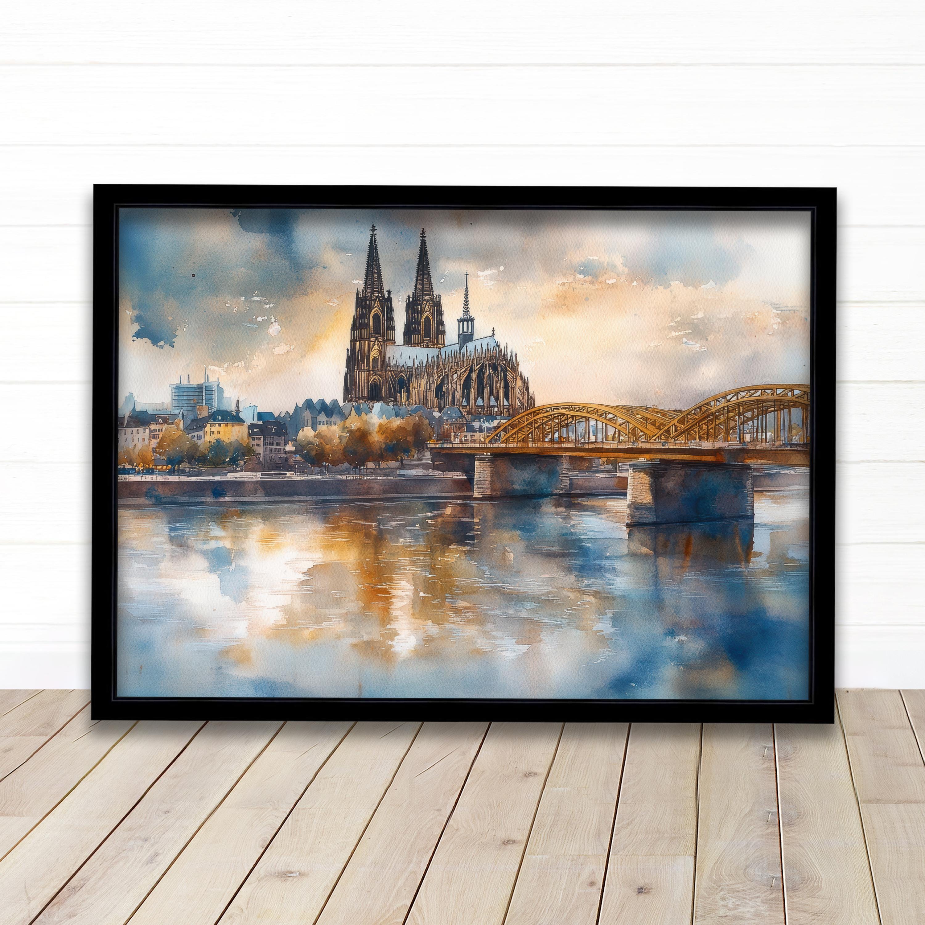Cologne Watercolour Landscape Painting Poster Germany Wall Art City River Scene Print Gift for Europe Lovers and Fans of Scenic German