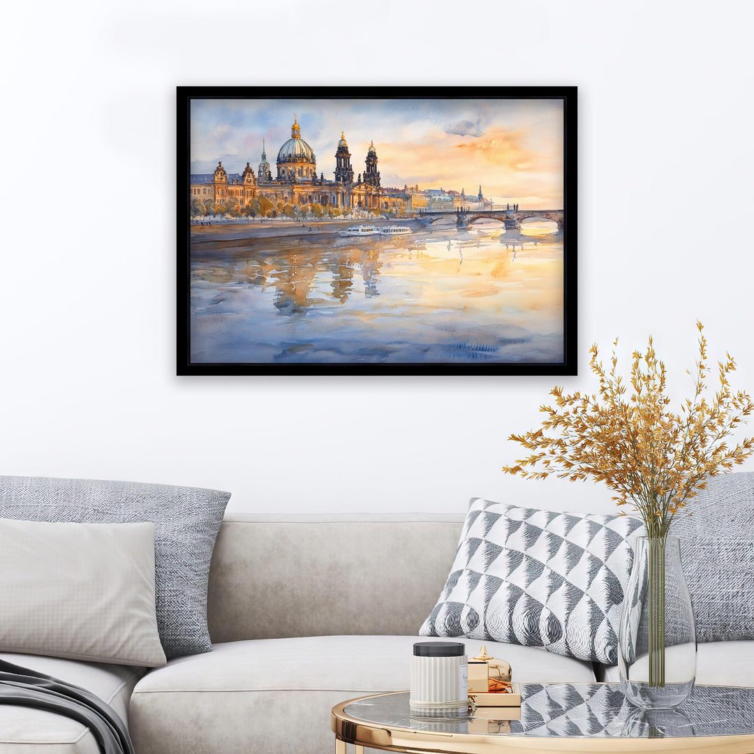 Dresden Watercolour Landscape Painting Poster Germany Wall Art Historic City River Scene Print Gift for Europe Lovers and Fans of Scenic