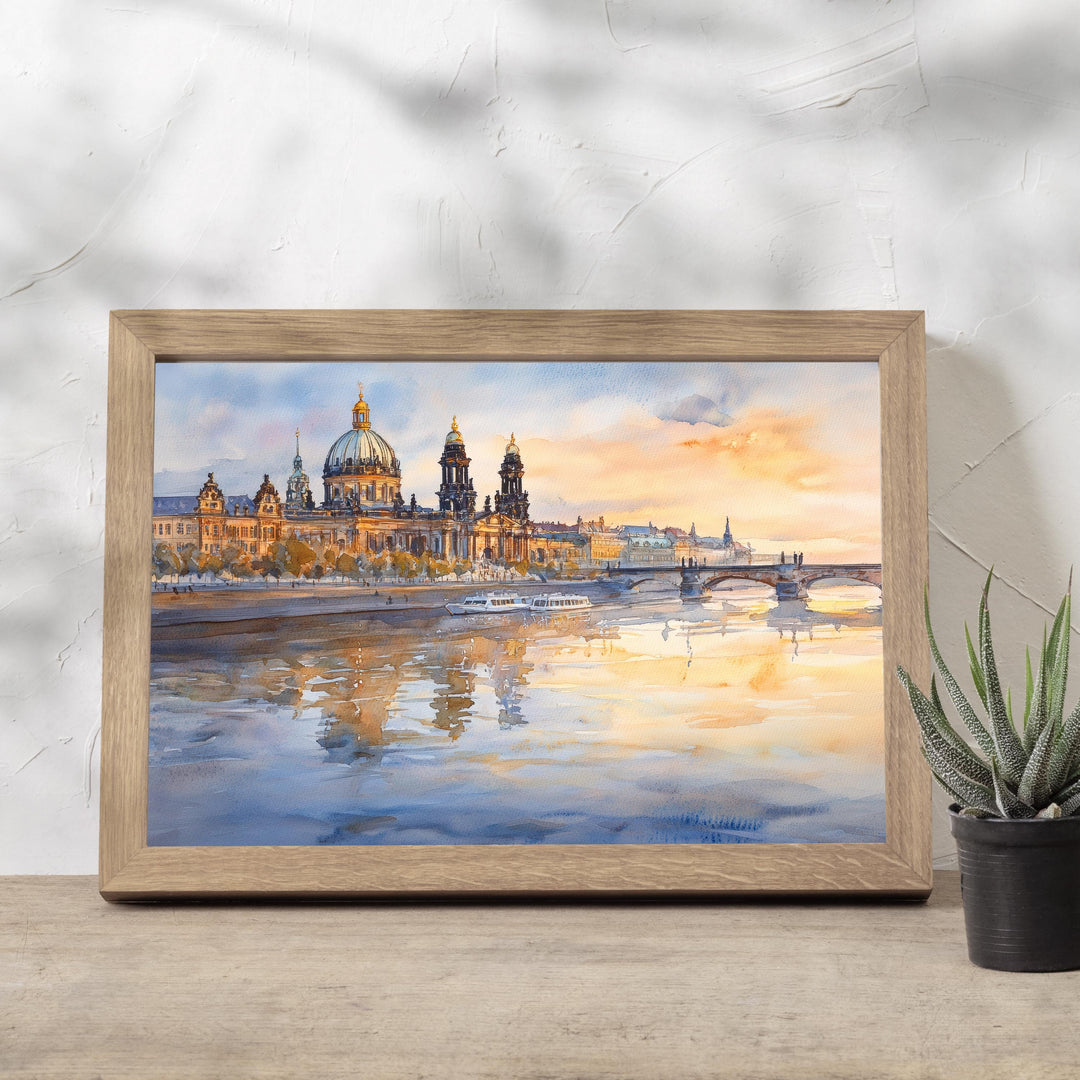 Dresden Watercolour Landscape Painting Poster Germany Wall Art Historic City River Scene Print Gift for Europe Lovers and Fans of Scenic