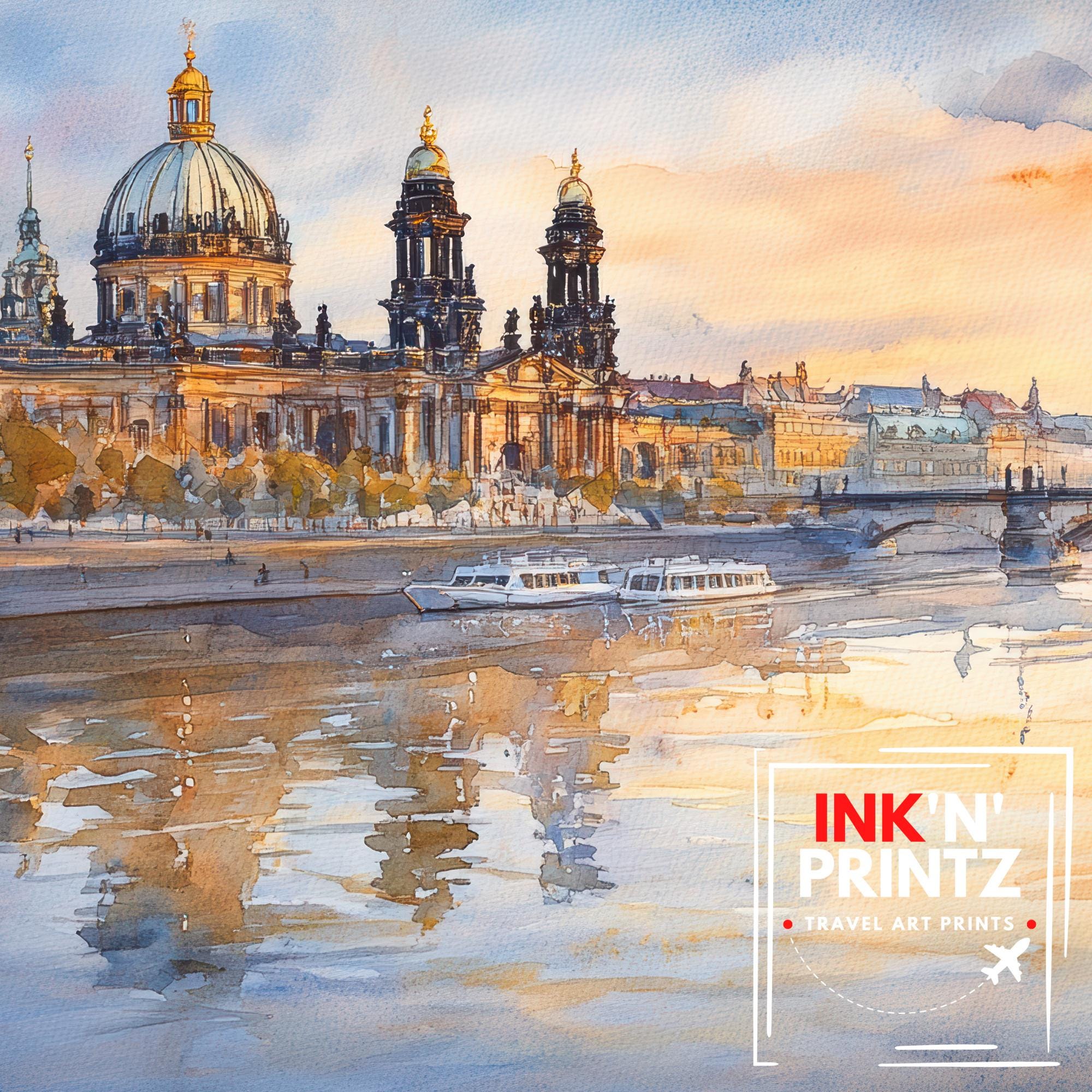Dresden Watercolour Landscape Painting Poster Germany Wall Art Historic City River Scene Print Gift for Europe Lovers and Fans of Scenic