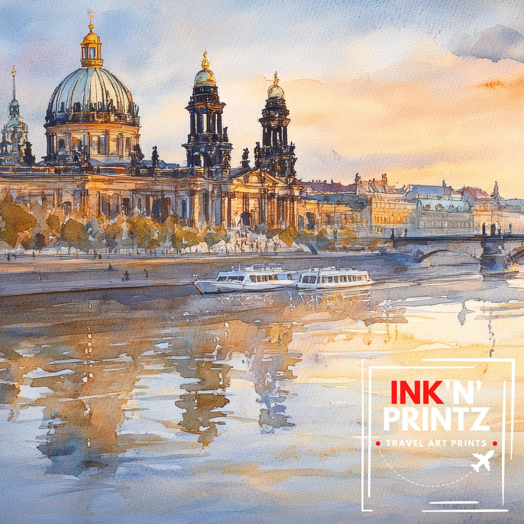 Dresden Watercolour Landscape Painting Poster Germany Wall Art Historic City River Scene Print Gift for Europe Lovers and Fans of Scenic