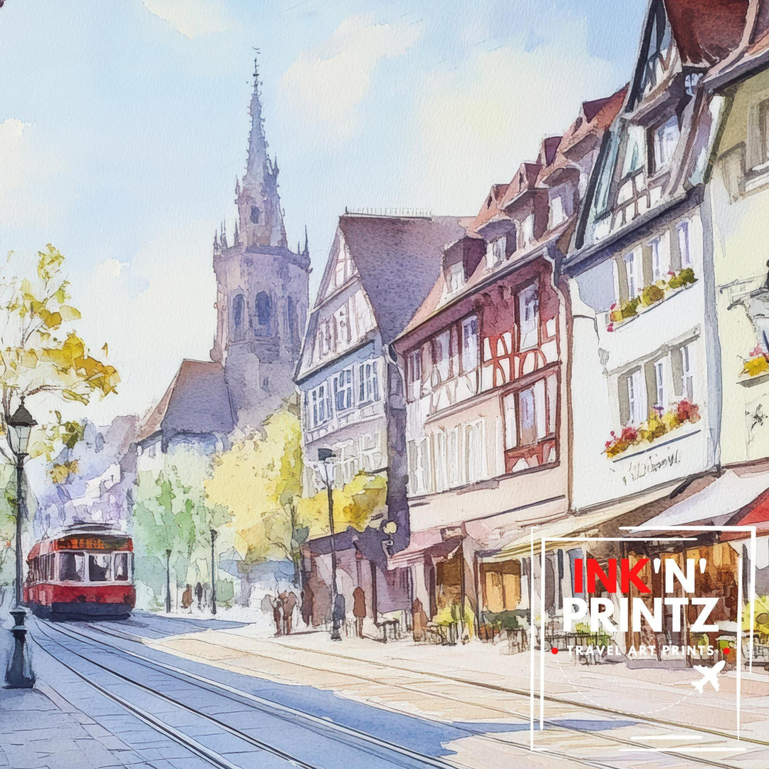 Freiburg Watercolour Landscape Painting Poster Germany Wall Art City Mountain Scene Print Gift for Europe Lovers