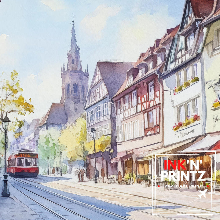 Freiburg Watercolour Landscape Painting Poster Germany Wall Art City Mountain Scene Print Gift for Europe Lovers