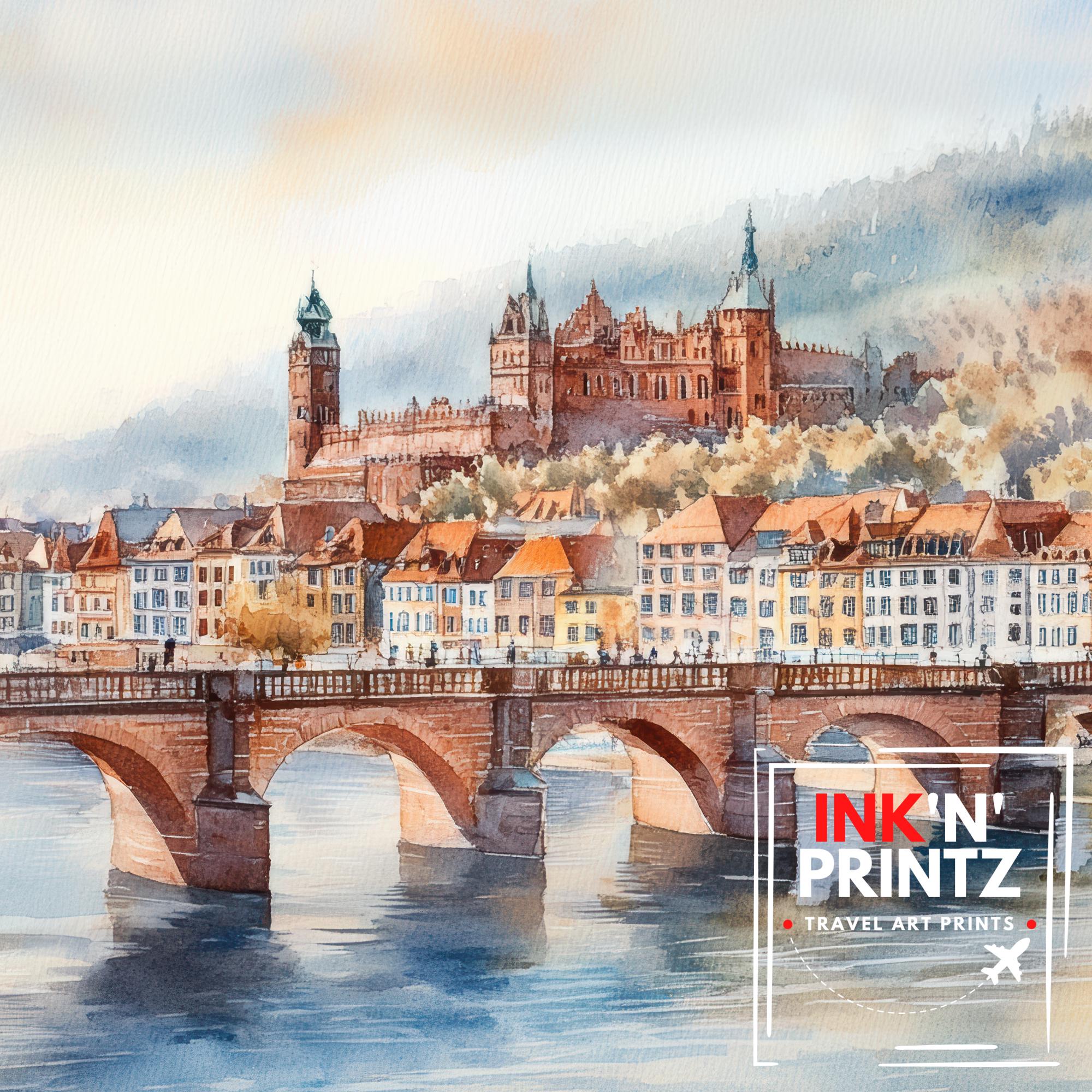 Heidelberg Travel Poster Print Germany Wall Art Historic City Landscape Gift for Europe Lovers and Fans of Scenic German Architecture