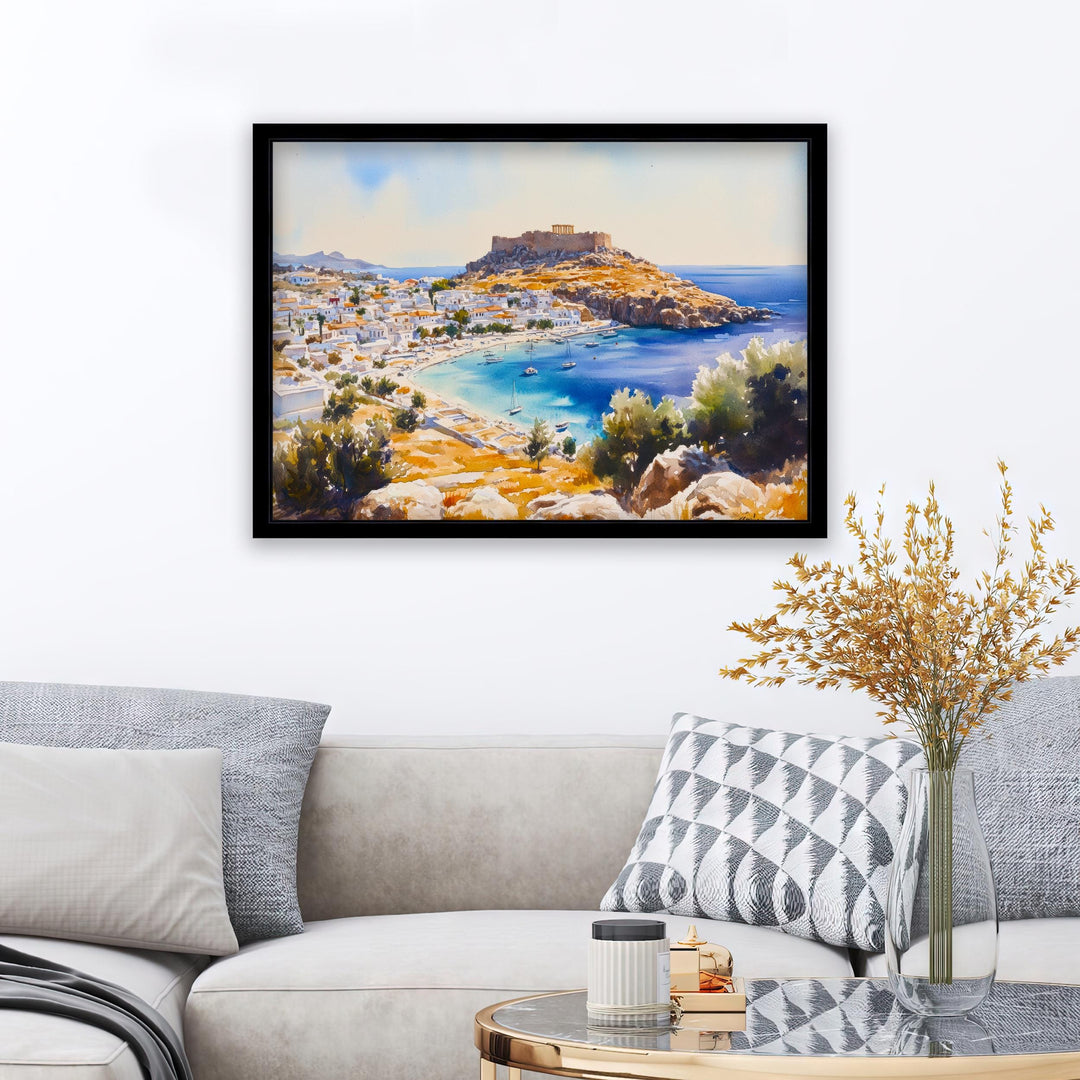Lindos Travel Poster Print Rhodes Greece Wall Art Coastal Village Landscape Gift for Europe Lovers and Fans of Scenic Greek Island