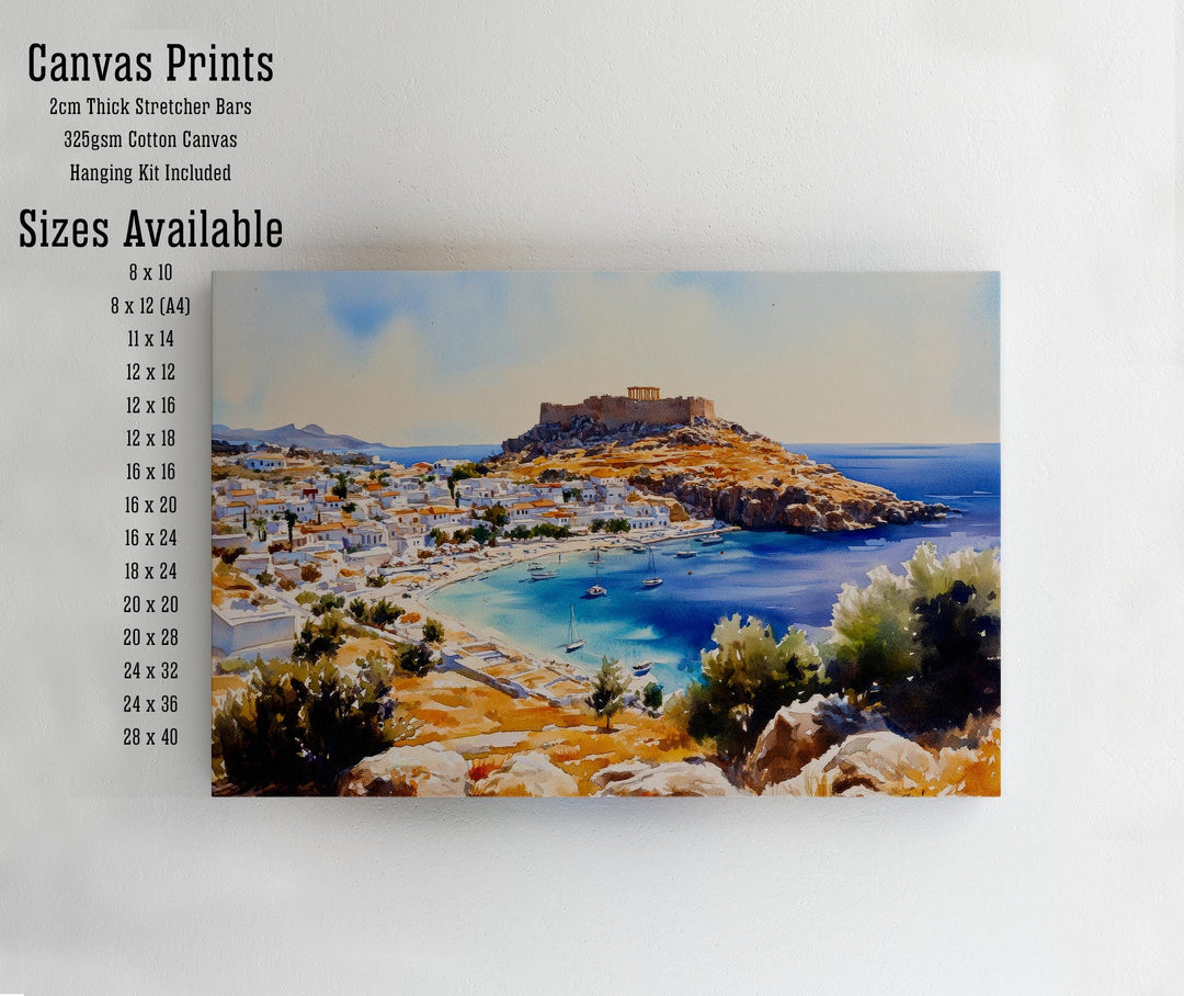 Lindos Travel Poster Print Rhodes Greece Wall Art Coastal Village Landscape Gift for Europe Lovers and Fans of Scenic Greek Island