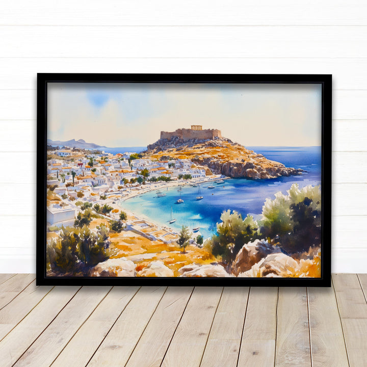 Lindos Travel Poster Print Rhodes Greece Wall Art Coastal Village Landscape Gift for Europe Lovers and Fans of Scenic Greek Island