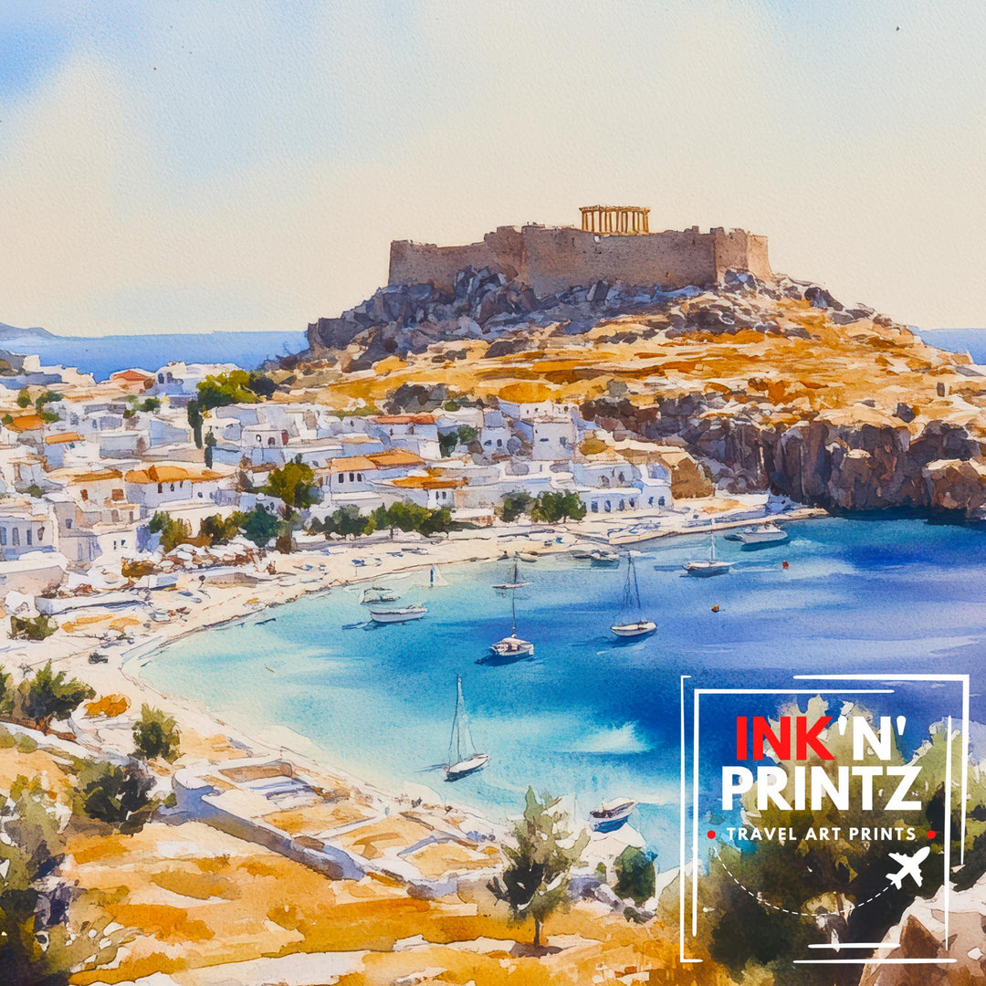Lindos Travel Poster Print Rhodes Greece Wall Art Coastal Village Landscape Gift for Europe Lovers and Fans of Scenic Greek Island