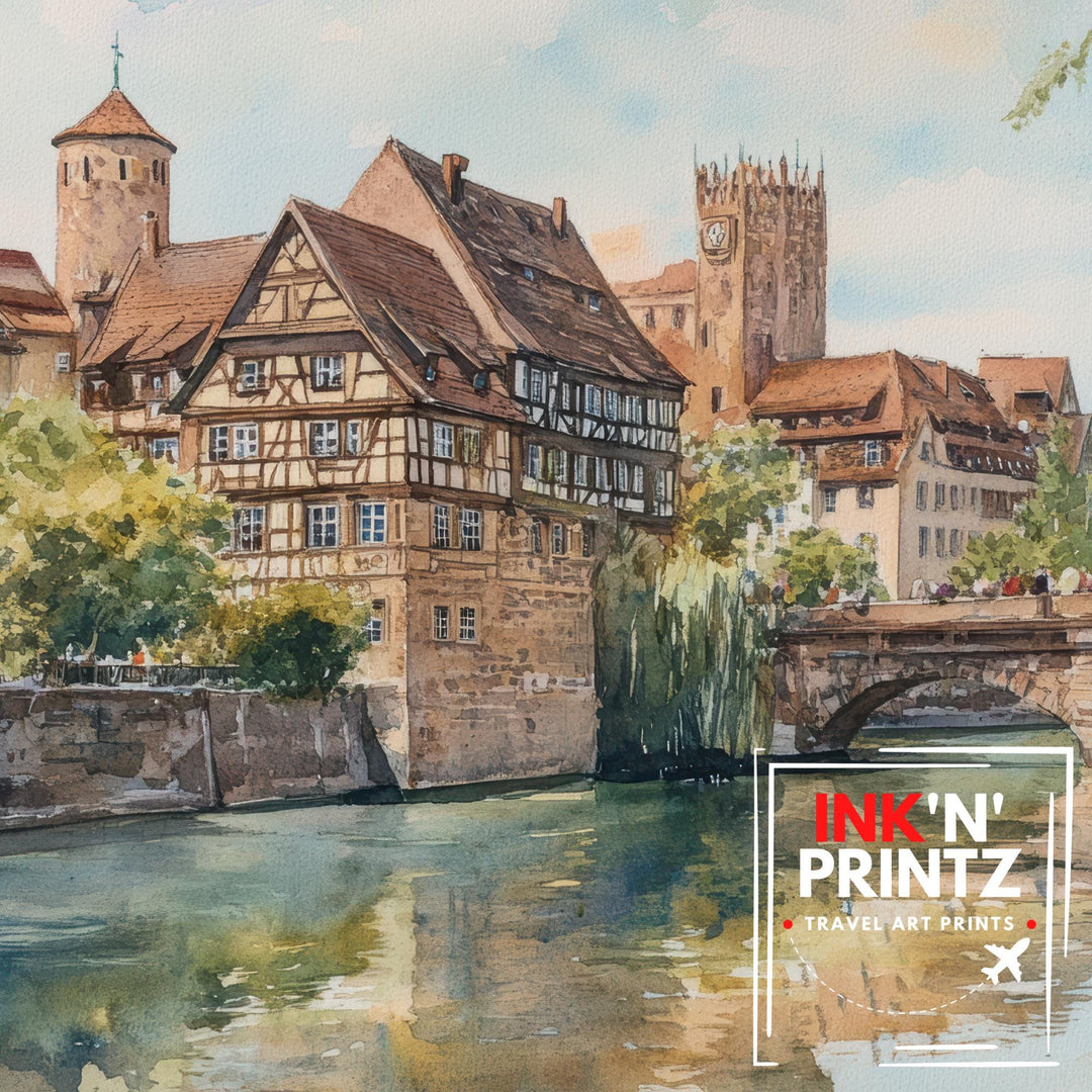 Nuremberg Landscape Painting Poster Germany Wall Art Historic City River Scene Print Gift for Europe Lovers and Fans of Scenic German