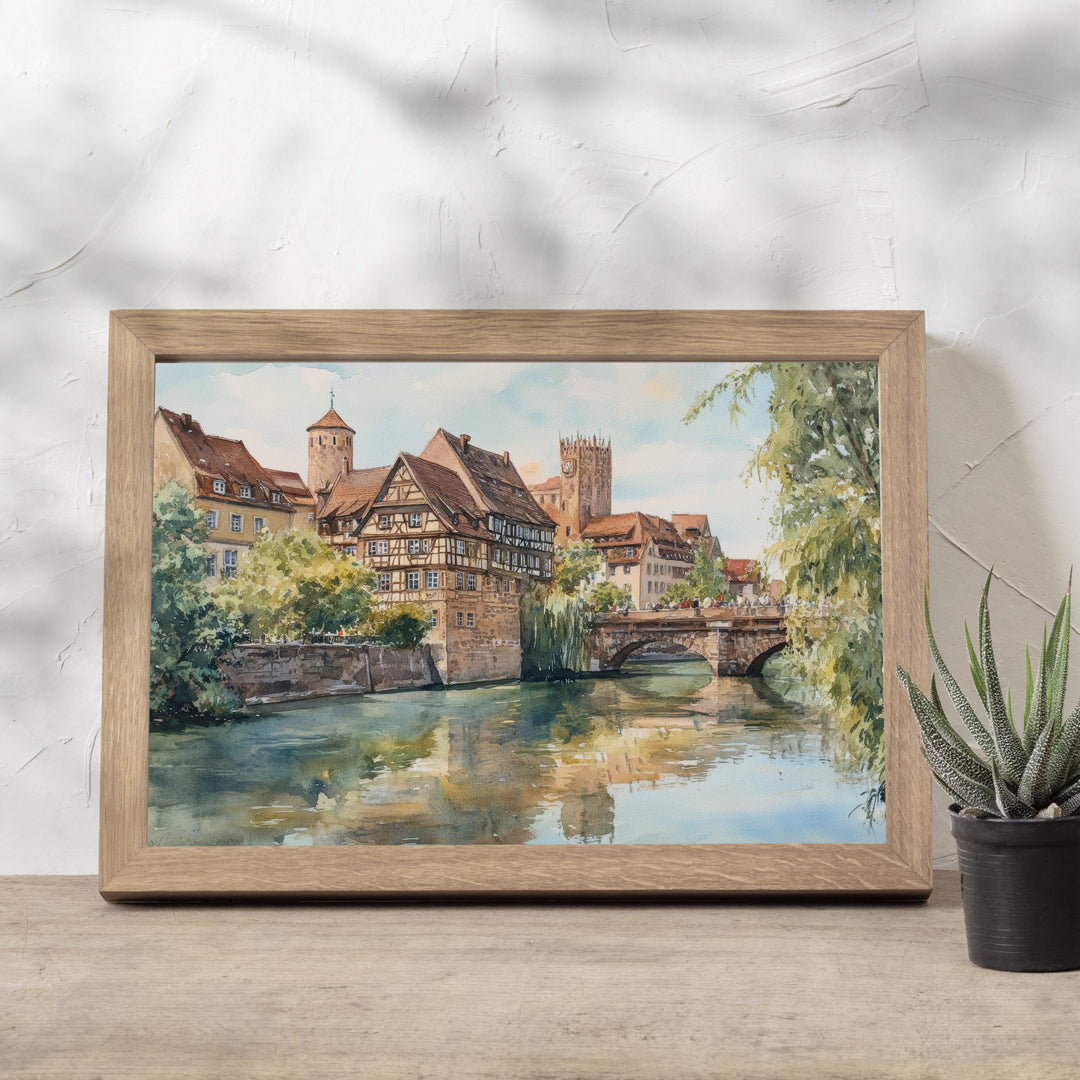 Nuremberg Landscape Painting Poster Germany Wall Art Historic City River Scene Print Gift for Europe Lovers and Fans of Scenic German