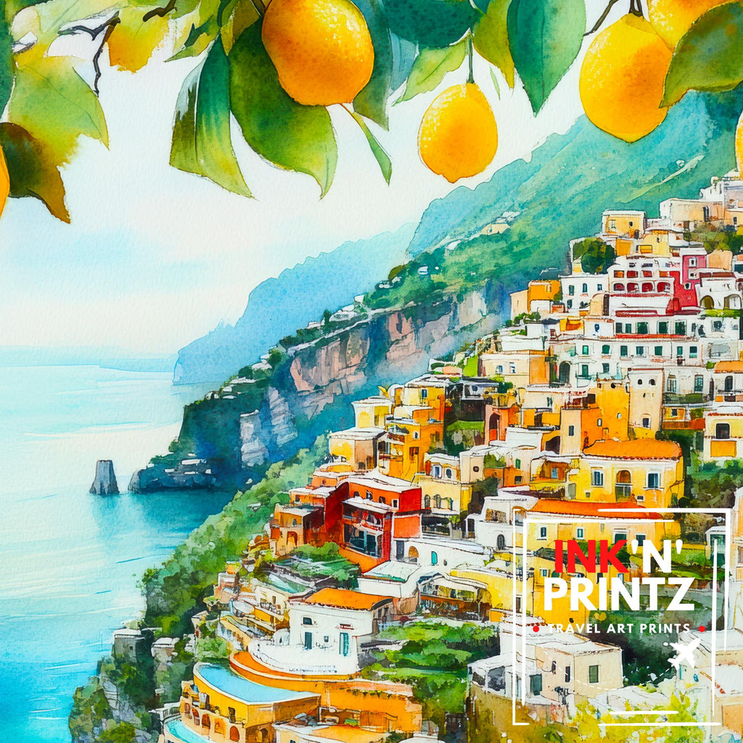 Santorini Watercolor Landscape Painting Poster Greece Wall Art Coastal Village Print Gift for Europe Lovers and Fans of Scenic Greek Island