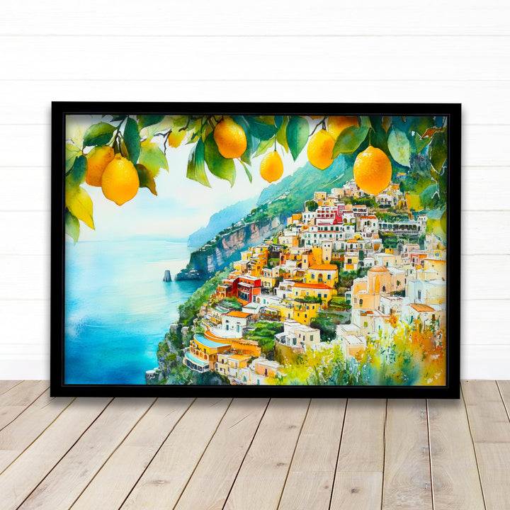 Santorini Watercolor Landscape Painting Poster Greece Wall Art Coastal Village Print Gift for Europe Lovers and Fans of Scenic Greek Island